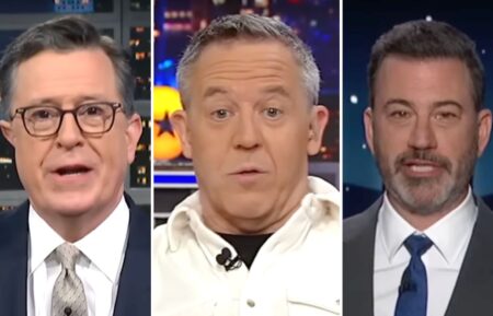 Stephen Colbert, Greg Gutfeld and Jimmy Kimmel