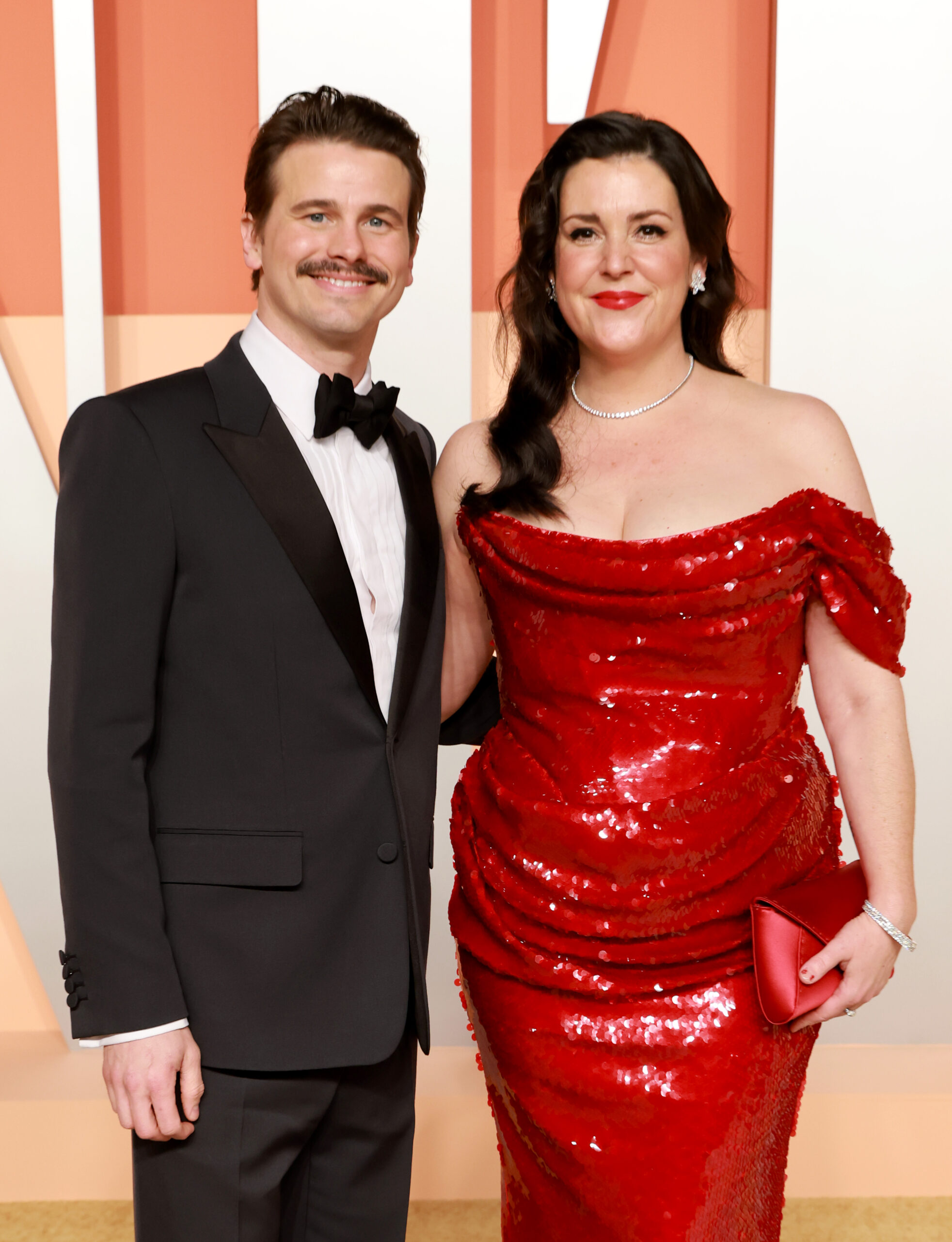 Jason Ritter and Melanie Lynskey attend the 2025 Vanity Fair Oscar Party