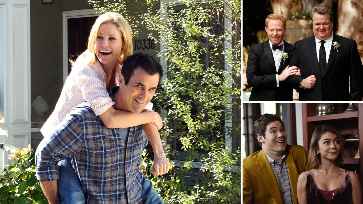 Julie Bowen, Ty Burrell in 'Modern Family' Season 2; Jesse Tyler Ferguson and Eric Stonestreet in 'Modern Family'; Adam Devine, Sarah Hyland in 'Modern Family' Season 7