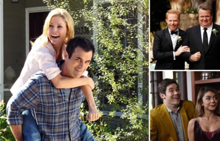 Julie Bowen, Ty Burrell in 'Modern Family' Season 2; Jesse Tyler Ferguson and Eric Stonestreet in 'Modern Family'; Adam Devine, Sarah Hyland in 'Modern Family' Season 7