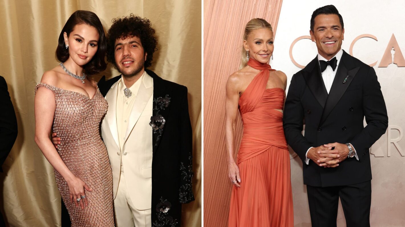 Selena Gomez and Benny Blanco attend the 97th Annual Oscars at Dolby Theatre on March 02, 2025 in Hollywood, California;Kelly Ripa and Mark Consuelos attend the 97th Annual Oscars at Dolby Theatre on March 02, 2025 in Hollywood, California.