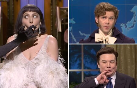 Lady Gaga, Mike Day, and Mike Myers on 'Saturday Night Live' on March 8, 2025