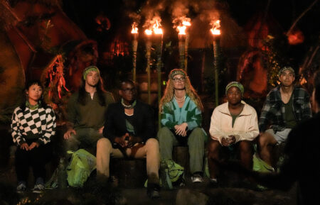 Mary Zheng, Justin Pioppi, Cedrek McFadden, Stephanie Berger, Saiounia “Sai” Hughley, and Kevin Leung at Tribal Council in 'Survivor' Season 48 Episode 1