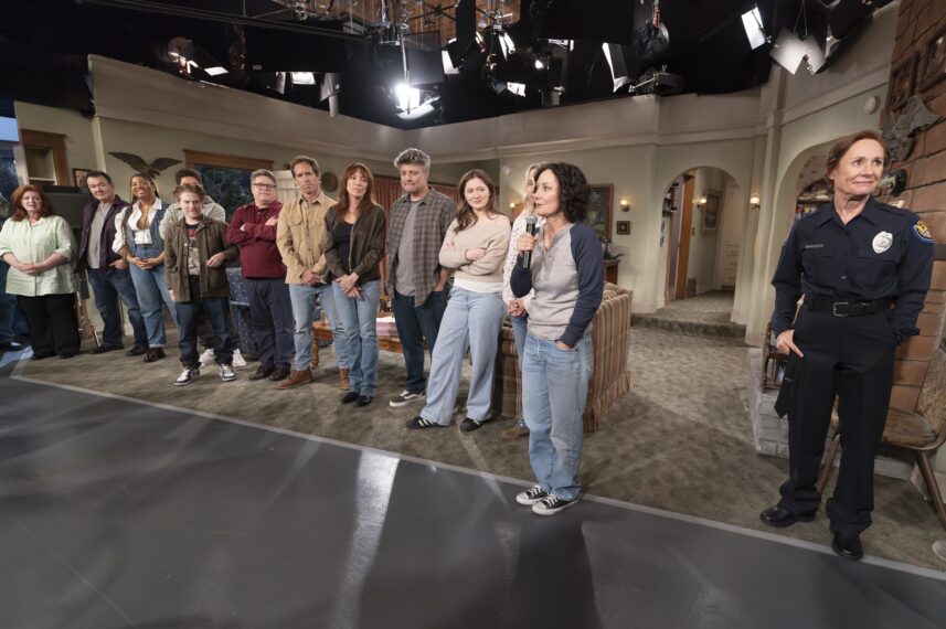 DYNELL LEIGH, PATRICK GALLAGHER, ASHLEY AUSTIN, SETH GREEN, SEAN ASTIN, NAT FAXON, KATEY SAGAL, JAY R. FERGUSON, EMMA KENNEY, SARA GILBERT, and LAURIE METCALF in 'The Conners' Series finale 
